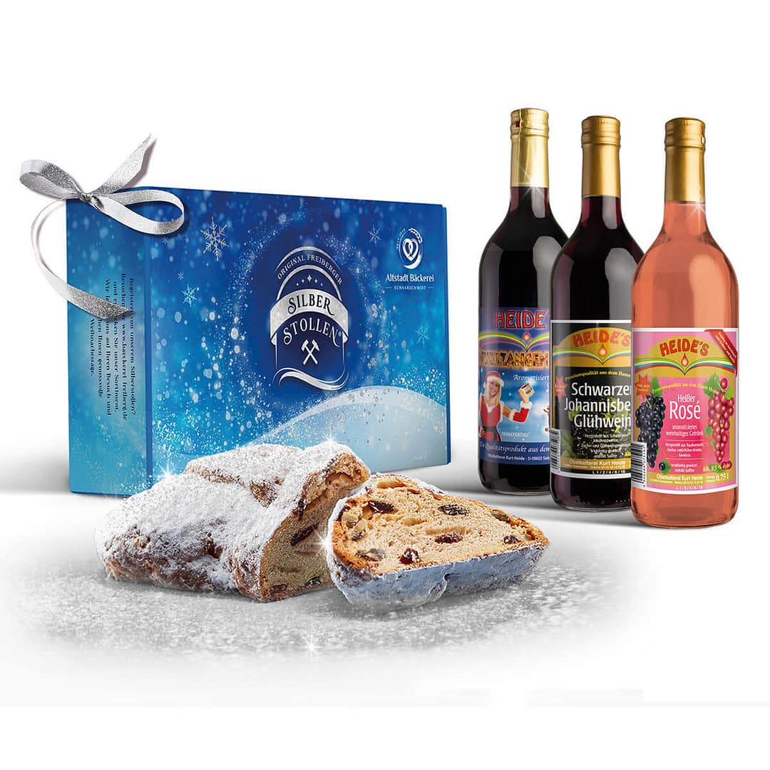 Freiberger Silberstollen® 0,5kg mit Puderzucker inkl. 3 Flaschen HEIDE Glühwein