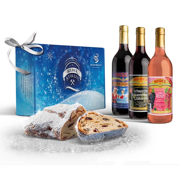 Freiberger Silberstollen® 0,5kg mit Puderzucker inkl. 3 Flaschen HEIDE Glühwein